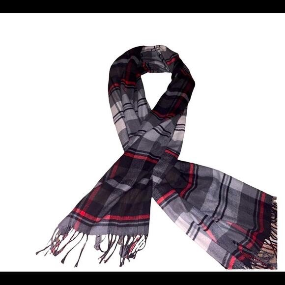 Large Checkered scarf. Red/black/gray/white plaid winter scarf with fringe warm - Picture 1 of 7
